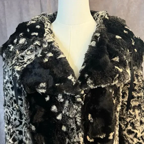 La Seine Black & White Faux Fur Leopard Coat Women’s Large Cropped Winter Jacket - Picture 7 of 14